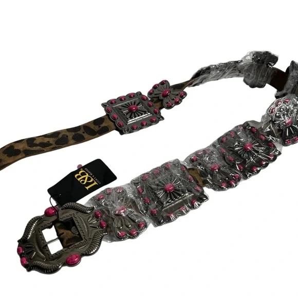 Lucky & Blessed Leopard Pink Turquoise Ribbon TooledSquare Belt